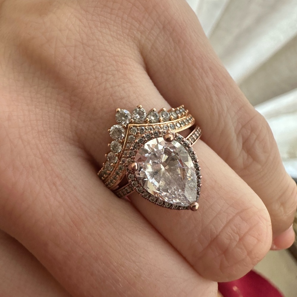 Rose Gold CZ Pandora engagement ring with band